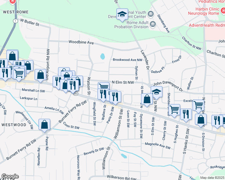 map of restaurants, bars, coffee shops, grocery stores, and more near 104 Dellwood Drive Northwest in Rome