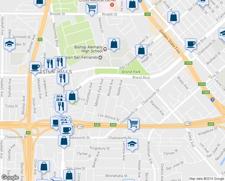 map of restaurants, bars, coffee shops, grocery stores, and more near 11018 Burnet Avenue in Los Angeles