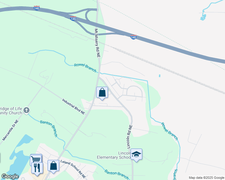 map of restaurants, bars, coffee shops, grocery stores, and more near 9501 Huckabee Drive Northeast in Leland