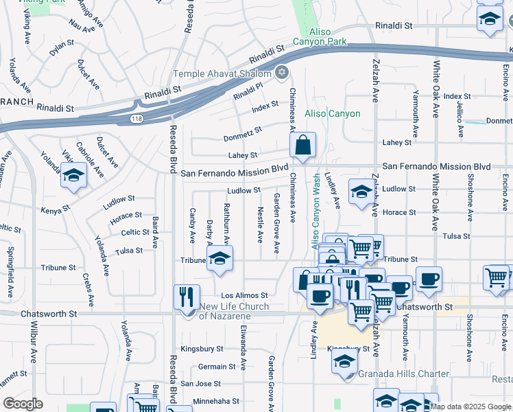 map of restaurants, bars, coffee shops, grocery stores, and more near 11009 Nestle Avenue in Los Angeles