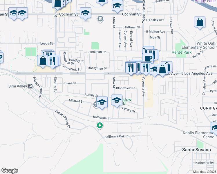 map of restaurants, bars, coffee shops, grocery stores, and more near 1847 N Hilliard Ave in Simi Valley