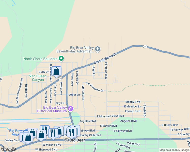 map of restaurants, bars, coffee shops, grocery stores, and more near 1055 Hugo Lane in Big Bear