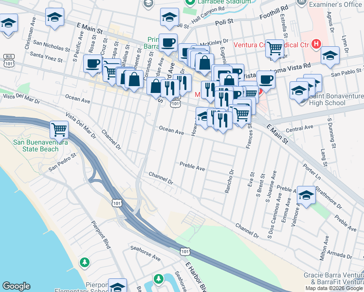 map of restaurants, bars, coffee shops, grocery stores, and more near 432 South Evergreen Drive in Ventura