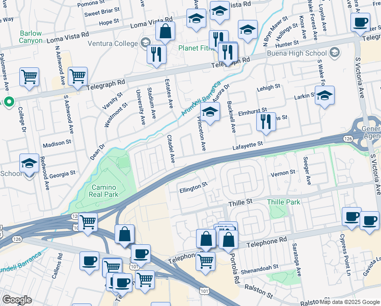 map of restaurants, bars, coffee shops, grocery stores, and more near 491 Cornell Place in Ventura