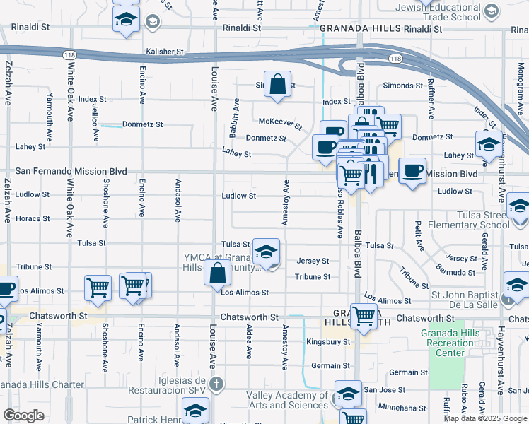 map of restaurants, bars, coffee shops, grocery stores, and more near 9612 Texhoma Avenue in Los Angeles