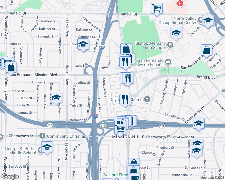 map of restaurants, bars, coffee shops, grocery stores, and more near 15474 Celtic Street in Los Angeles