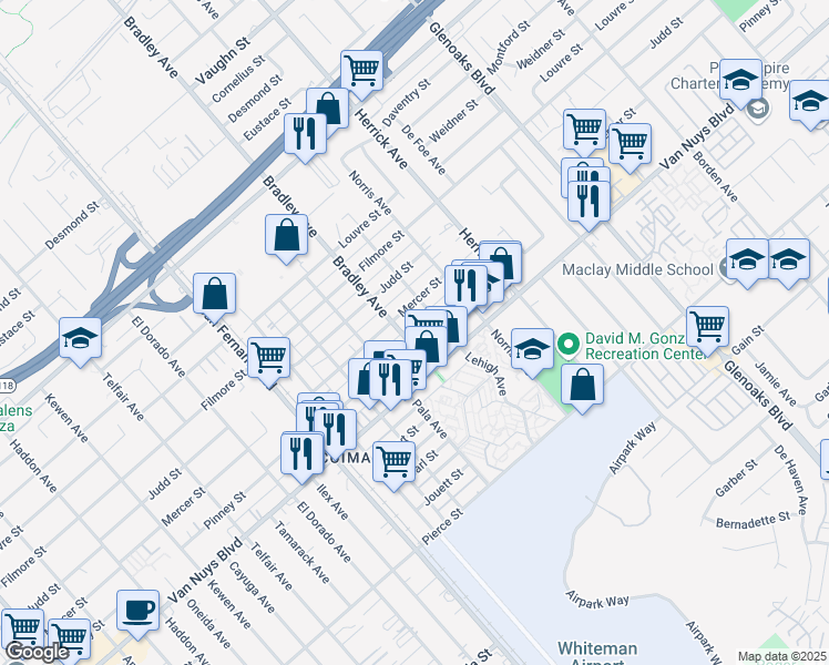 map of restaurants, bars, coffee shops, grocery stores, and more near 13125 Pinney Street in Los Angeles