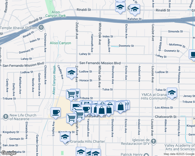 map of restaurants, bars, coffee shops, grocery stores, and more near 11024 White Oak Avenue in Los Angeles