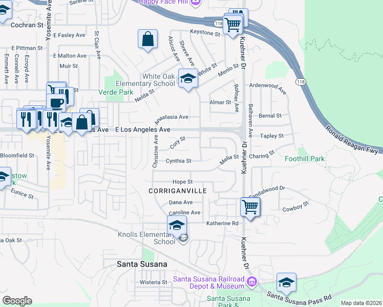 map of restaurants, bars, coffee shops, grocery stores, and more near 6359 Raylene Court in Simi Valley