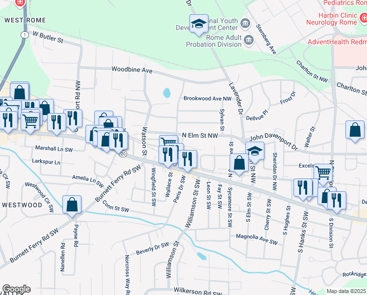 map of restaurants, bars, coffee shops, grocery stores, and more near 104 Dellwood Drive Northwest in Rome
