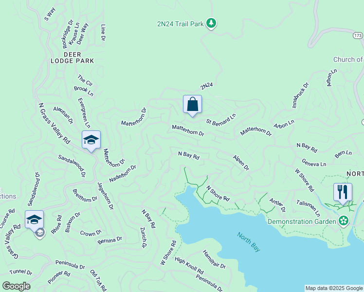 map of restaurants, bars, coffee shops, grocery stores, and more near 27613 Alpen Drive in Lake Arrowhead