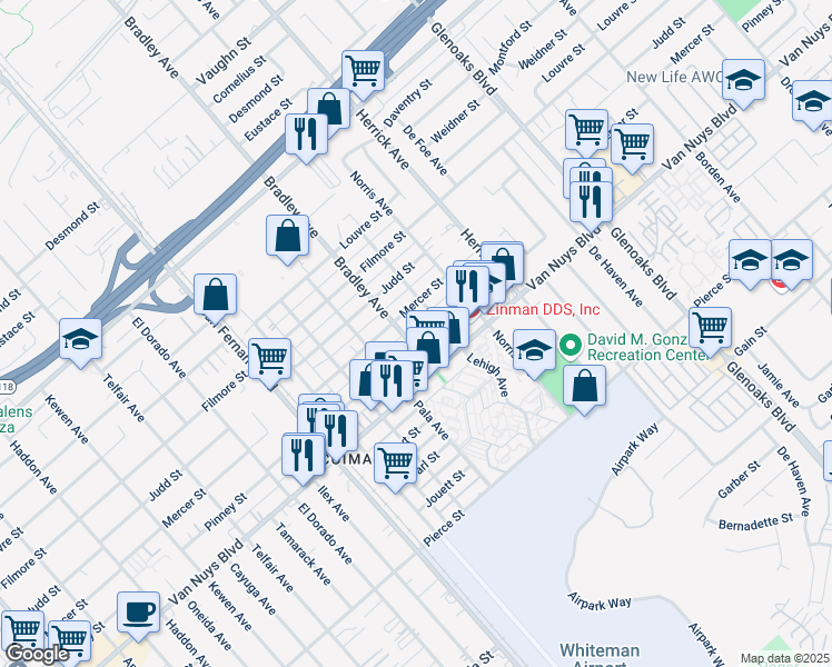 map of restaurants, bars, coffee shops, grocery stores, and more near 13125 Pinney Street in Los Angeles