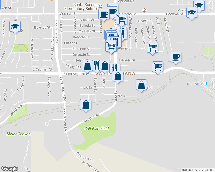 map of restaurants, bars, coffee shops, grocery stores, and more near 4327 Lou Drive in Simi Valley