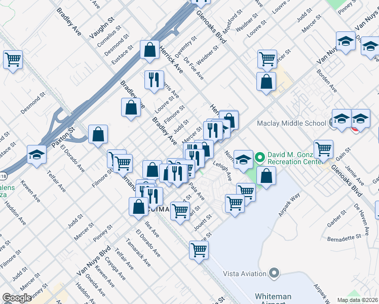 map of restaurants, bars, coffee shops, grocery stores, and more near 13125 Pinney Street in Los Angeles