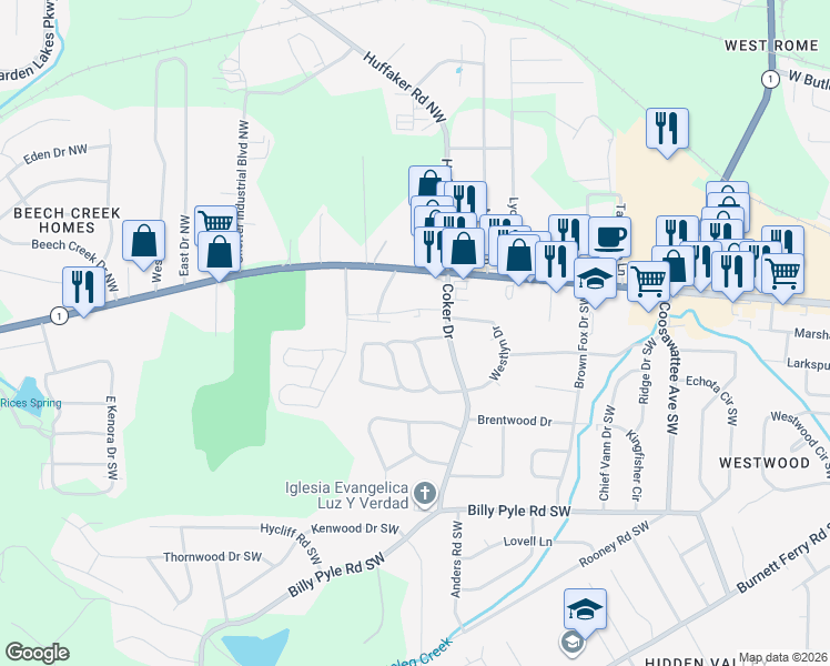 map of restaurants, bars, coffee shops, grocery stores, and more near 70 Blankenship Place in Rome