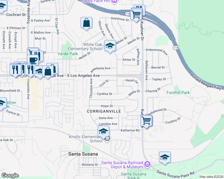 map of restaurants, bars, coffee shops, grocery stores, and more near 6359 Raylene Court in Simi Valley