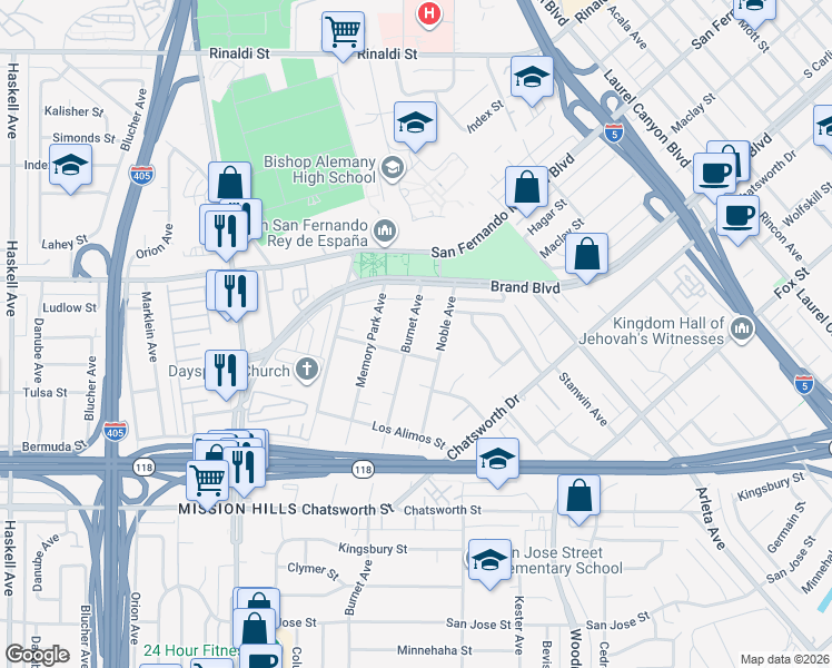 map of restaurants, bars, coffee shops, grocery stores, and more near 11018 Burnet Avenue in Los Angeles