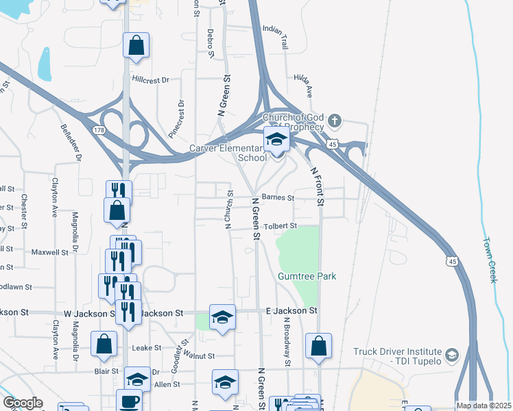 map of restaurants, bars, coffee shops, grocery stores, and more near 910 North Green Street in Tupelo