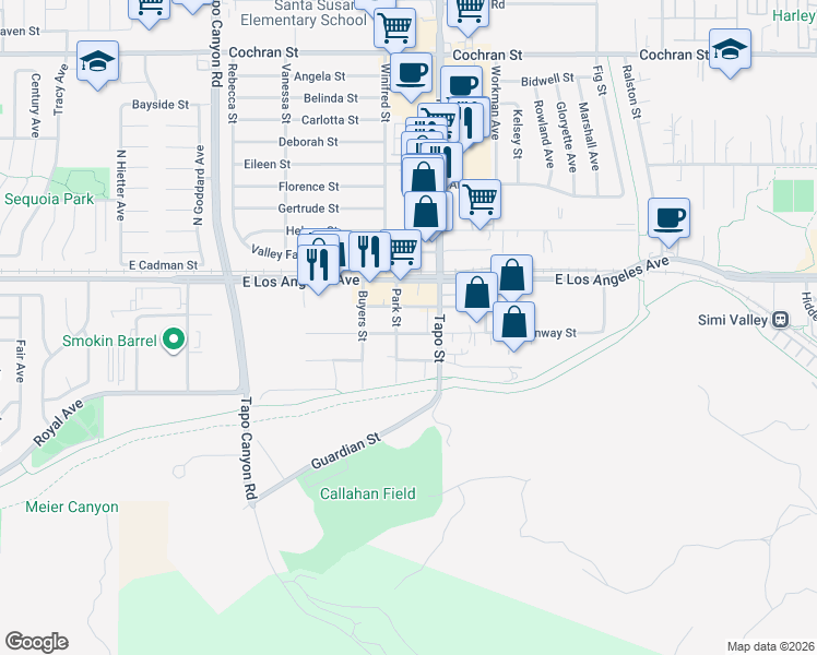 map of restaurants, bars, coffee shops, grocery stores, and more near 4327 Lou Drive in Simi Valley