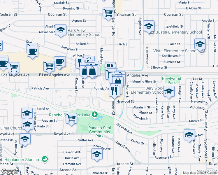 map of restaurants, bars, coffee shops, grocery stores, and more near 1869 Patricia Avenue in Simi Valley