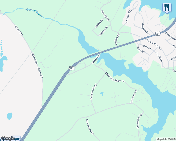 map of restaurants, bars, coffee shops, grocery stores, and more near 302 Coker Road in Greenwood