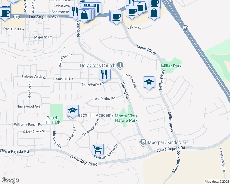 map of restaurants, bars, coffee shops, grocery stores, and more near 4313 Wild West Circle in Moorpark