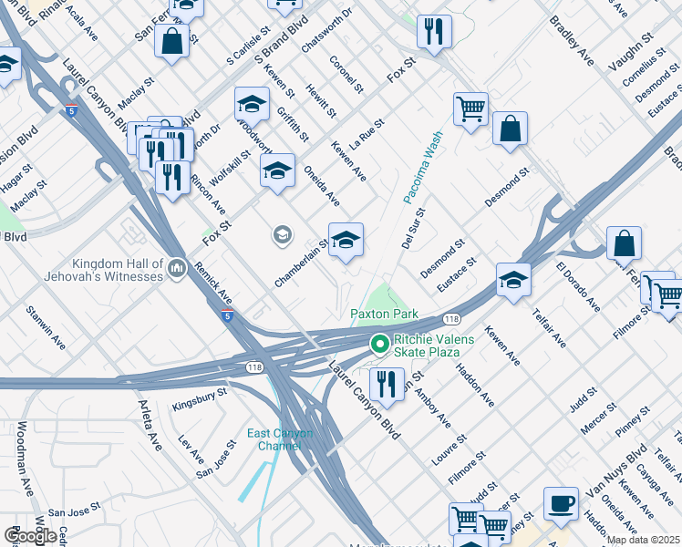 map of restaurants, bars, coffee shops, grocery stores, and more near 11133 Omelveny Avenue in San Fernando
