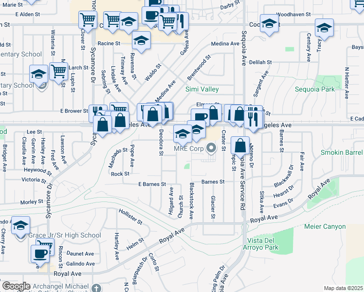 map of restaurants, bars, coffee shops, grocery stores, and more near 3150 School Street in Simi Valley