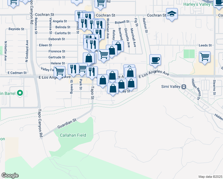 map of restaurants, bars, coffee shops, grocery stores, and more near 1825 Lucky Lane in Simi Valley