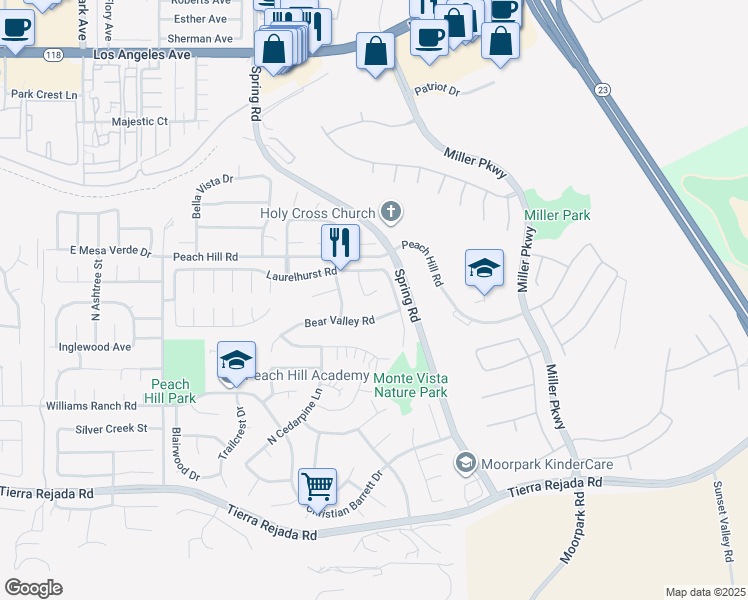 map of restaurants, bars, coffee shops, grocery stores, and more near 4313 Wild West Circle in Moorpark
