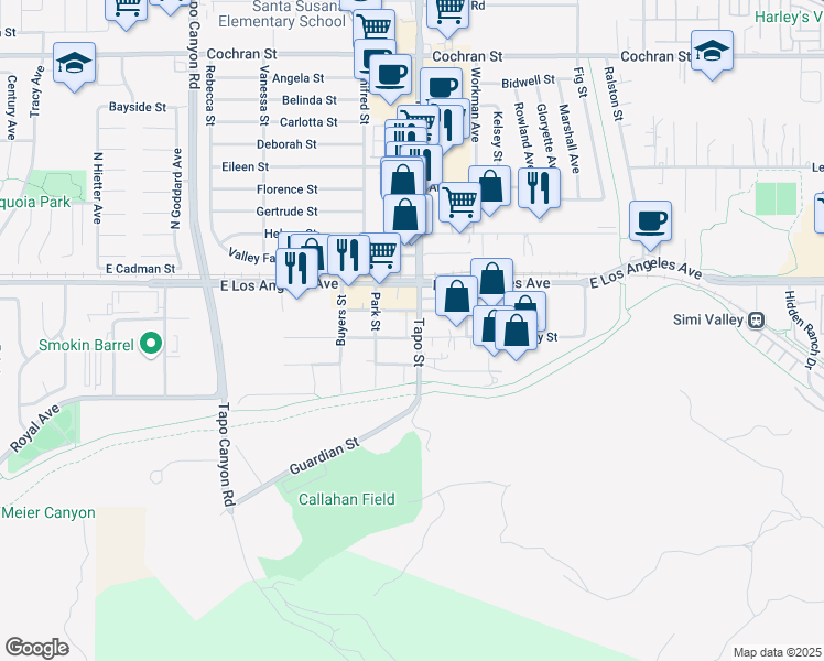 map of restaurants, bars, coffee shops, grocery stores, and more near 4420 Shopping Lane in Simi Valley