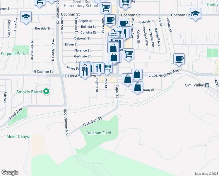 map of restaurants, bars, coffee shops, grocery stores, and more near 4327 Lou Drive in Simi Valley