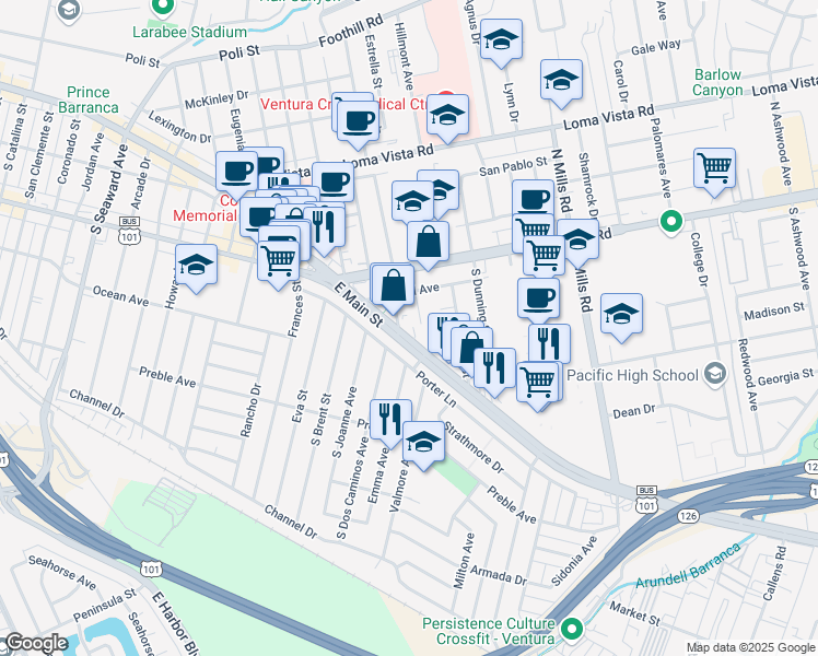 map of restaurants, bars, coffee shops, grocery stores, and more near 3059 East Main Street in Ventura