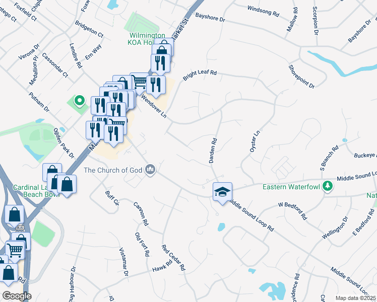 map of restaurants, bars, coffee shops, grocery stores, and more near 232 Bloomington Lane in Wilmington