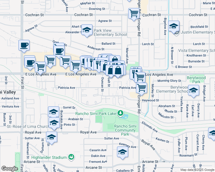 map of restaurants, bars, coffee shops, grocery stores, and more near 1731 Patricia Avenue in Simi Valley