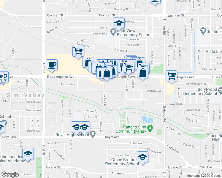 map of restaurants, bars, coffee shops, grocery stores, and more near 1535 Patricia Avenue in Simi Valley