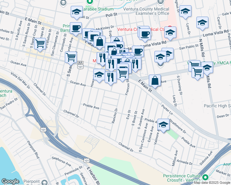 map of restaurants, bars, coffee shops, grocery stores, and more near 2701 Ocean Avenue in Ventura