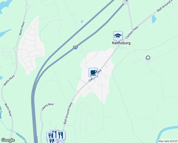 map of restaurants, bars, coffee shops, grocery stores, and more near 147 Old Vandiver Drive in Canton
