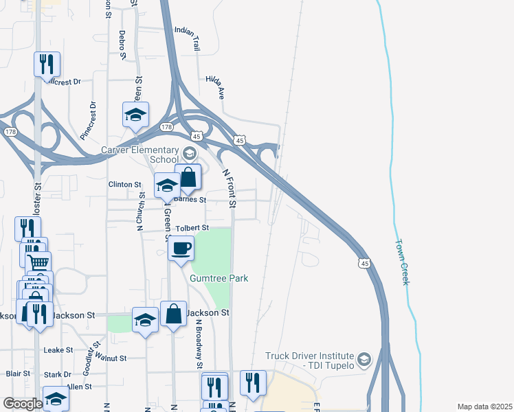 map of restaurants, bars, coffee shops, grocery stores, and more near 204-206 Barnes Street in Tupelo