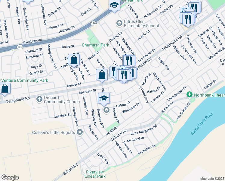 map of restaurants, bars, coffee shops, grocery stores, and more near 1233 Osage Lane in Ventura