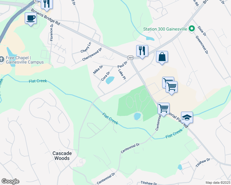 map of restaurants, bars, coffee shops, grocery stores, and more near 2615 Old Flowery Branch Road in Gainesville