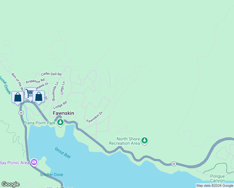 map of restaurants, bars, coffee shops, grocery stores, and more near 1163 Fawnskin Drive in Fawnskin