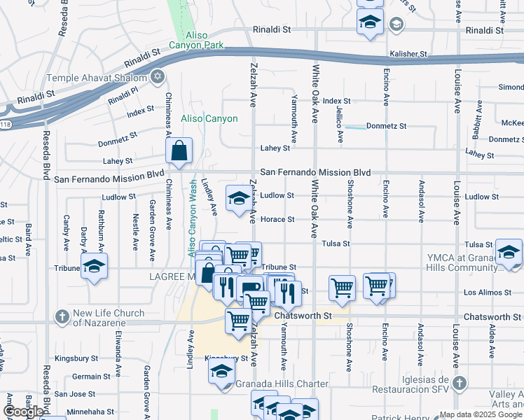 map of restaurants, bars, coffee shops, grocery stores, and more near 17843 Horace Street in Los Angeles