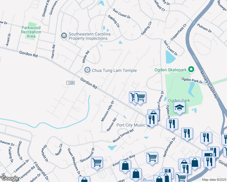 map of restaurants, bars, coffee shops, grocery stores, and more near 6437 Gordon Road in Wilmington