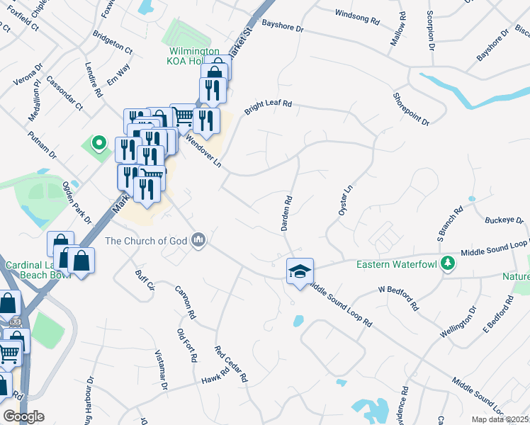 map of restaurants, bars, coffee shops, grocery stores, and more near 243 Bloomington Lane in Wilmington
