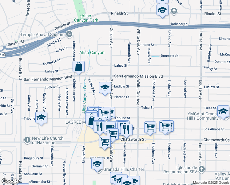 map of restaurants, bars, coffee shops, grocery stores, and more near 17843 Horace Street in Los Angeles