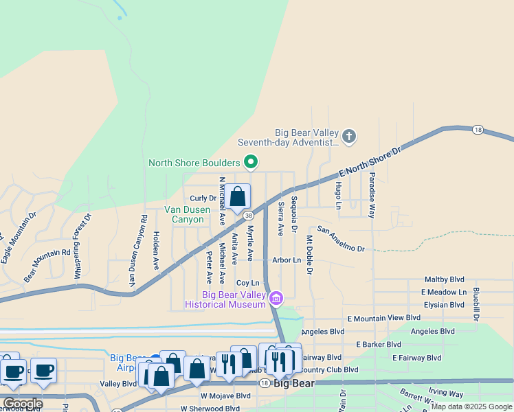map of restaurants, bars, coffee shops, grocery stores, and more near 159 West North Shore Drive in Big Bear