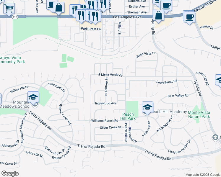 map of restaurants, bars, coffee shops, grocery stores, and more near 13052 Knotty Pine Street in Moorpark