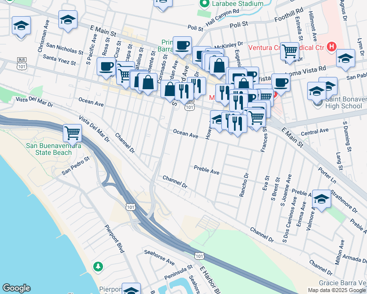 map of restaurants, bars, coffee shops, grocery stores, and more near 417 South Evergreen Drive in Ventura