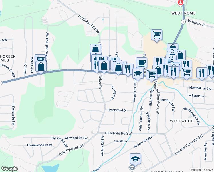 map of restaurants, bars, coffee shops, grocery stores, and more near 6 Westlyn Drive in Rome